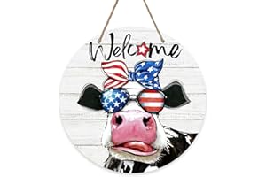 Deroro Welcome 4th of July Patriotic Cow Front Door Sign, USA America Stars Stripes Farmhouse Wood Door Hanger Outdoor Porch Decor, American Memorial Day Wooden Wreath Indoor Wall Hanging Decoration