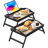 2 Pack Breakfast in Bed Tray for Eating, 16.92 x 12.6 Inch | Easoger Bamboo Bed Table Tray with Folding Legs &amp; Handles for Eating, TV, or Recovery, Set of 2