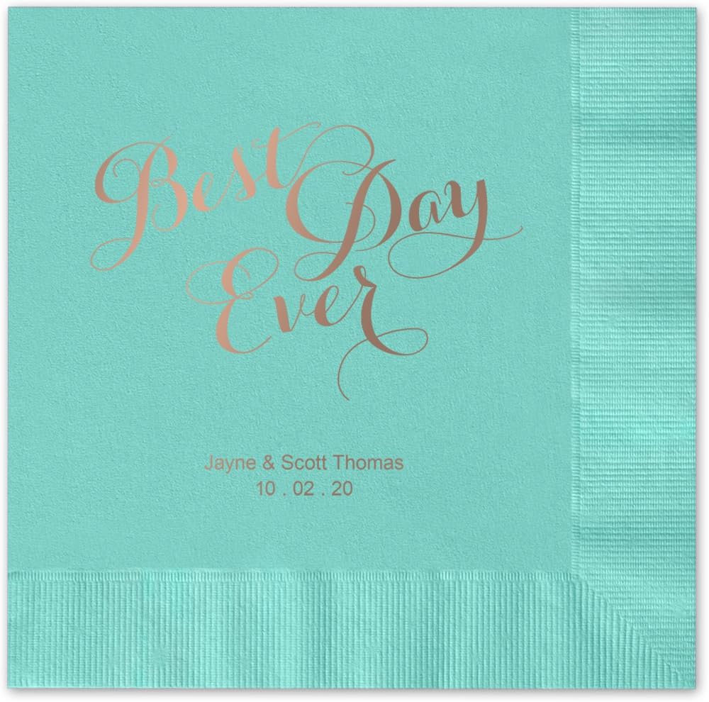 Best Day Ever Personalized Beverage Cocktail Napkins - Canopy Street - 100 Custom Printed Aqua Paper Napkins with choice of foil stamp