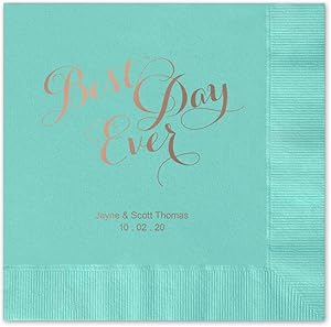Best Day Ever Personalized Beverage Cocktail Napkins - Canopy Street - 100 Custom Printed Aqua Paper Napkins with choice of foil stamp