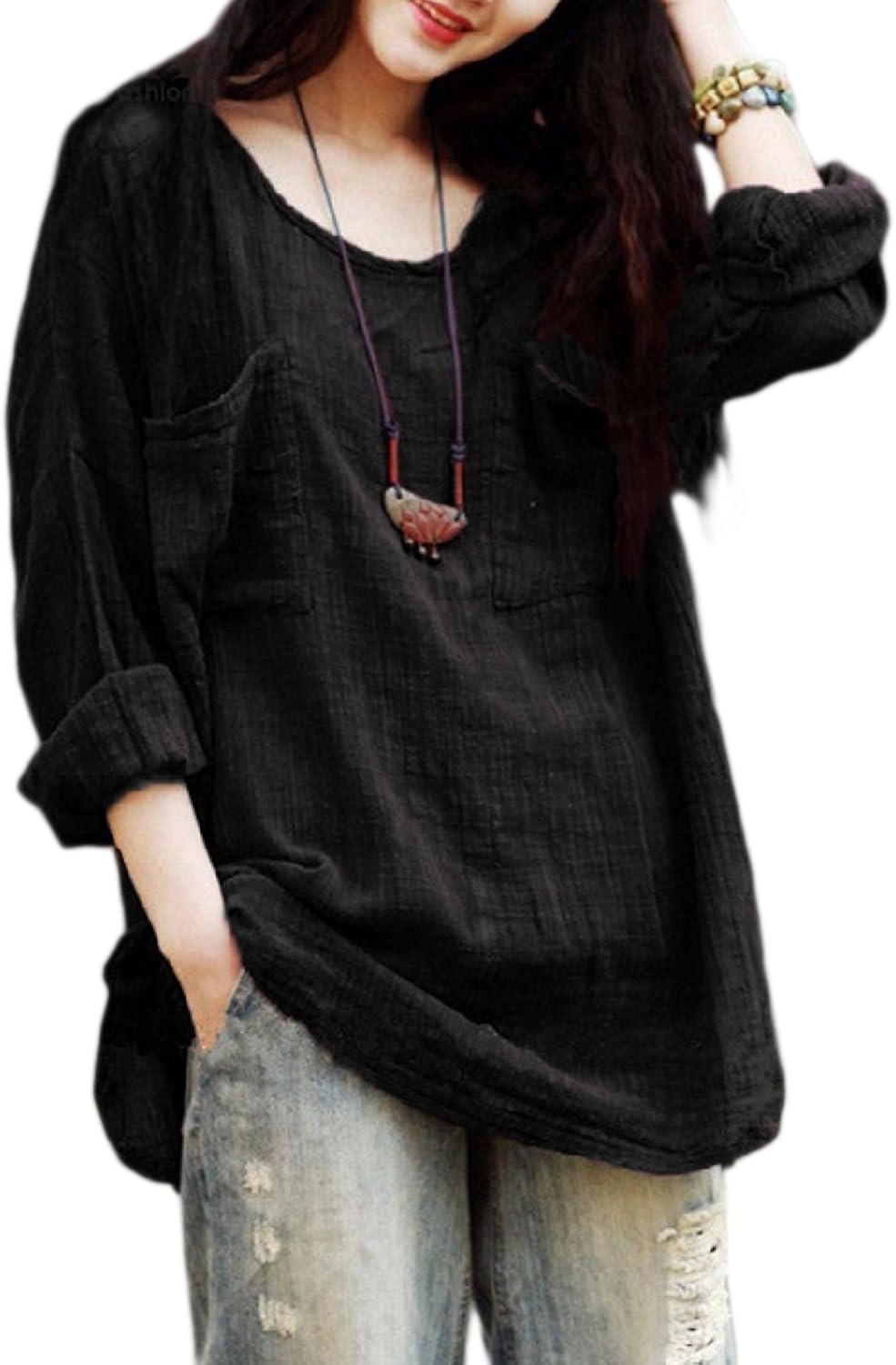 Women Plus Size Long Sleeve T Shirt Cotton Linen Solid Shirts Top Tee