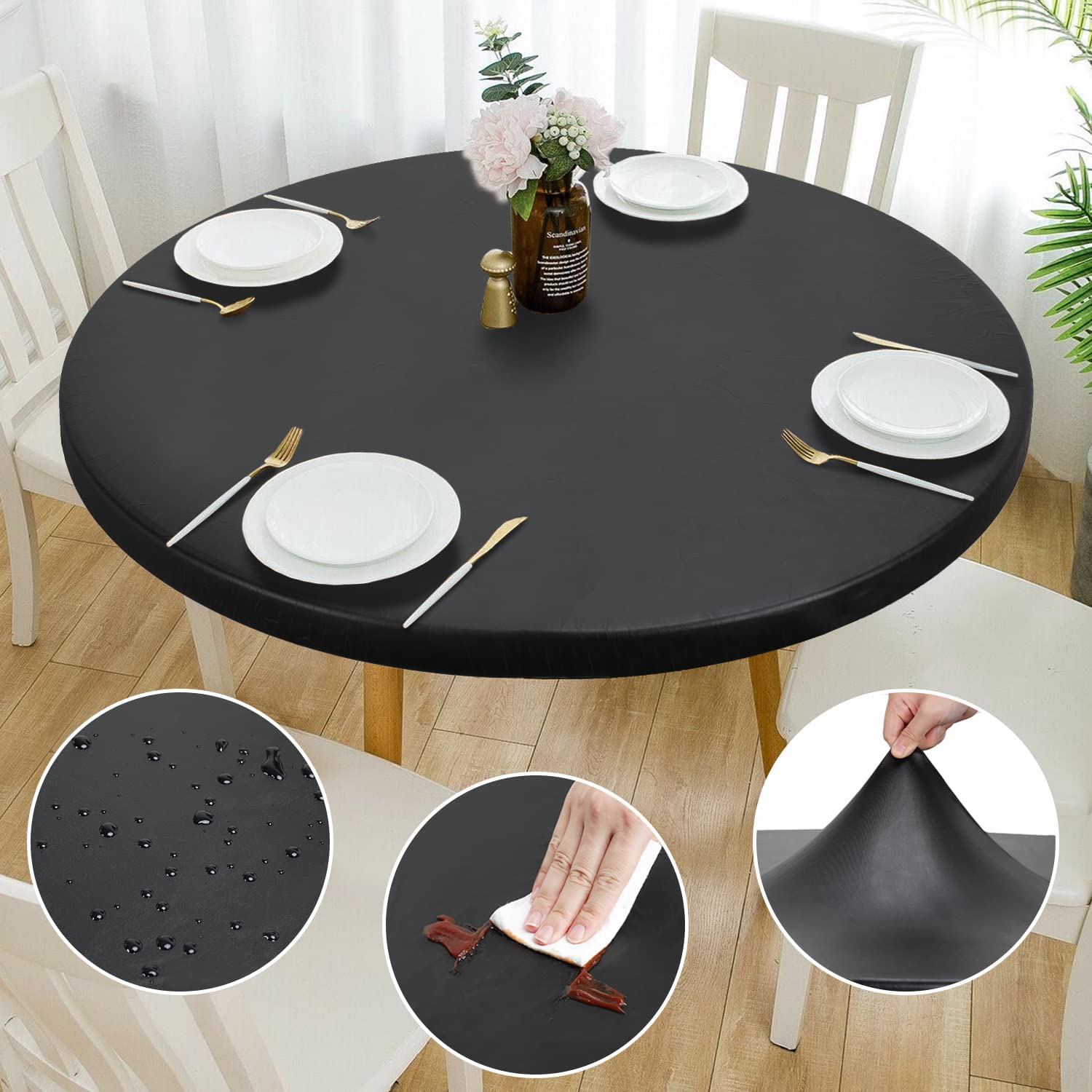Rinpon Double Design PU Round Tablecloth, Anti-Tear Wipeable Elastic Round Tablecloth, Soft-Touch Fitted Table Cloth, Waterproof Oil-Proof Table Cover (Black, 49"-52" Round)
