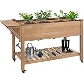 ketive Raised Garden Bed with Lockable Wheels Mobile Elevated Wood Planter,Storage Shelf, Protective Liner,55.5x24x32in (Brow