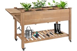ketive Raised Garden Bed with Lockable Wheels Mobile Elevated Wood Planter,Storage Shelf, Protective Liner,55.5x24x32in (Brown)