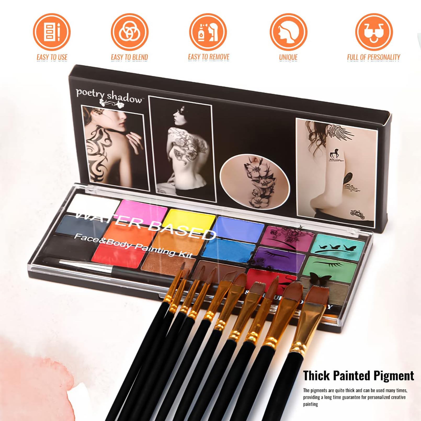 BRIMFULITE Face Painting Kit Non-toxic Body Paint Washable 18 Colors Facepaint Makeup Kit for Adults with 10 Face Paint Brushes for Halloween Party Cosplay Makeup (Color 001)