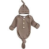 BULINGNA Newborn Baby Boys Girls Knotted Gown with Hat Set, Unisex Infant Nightgown with Mittens Sleepwear One Piece Pajamas