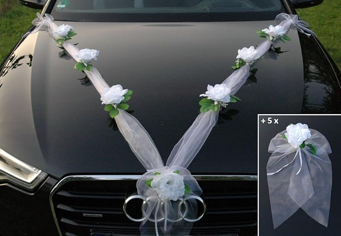 ORGANZA M + SCHLEIFE Auto Schmuck Braut Paar Rose Deko Dekoration Autoschmuck Hochzeit Car Auto Wedding Deko Ratan Girlande P