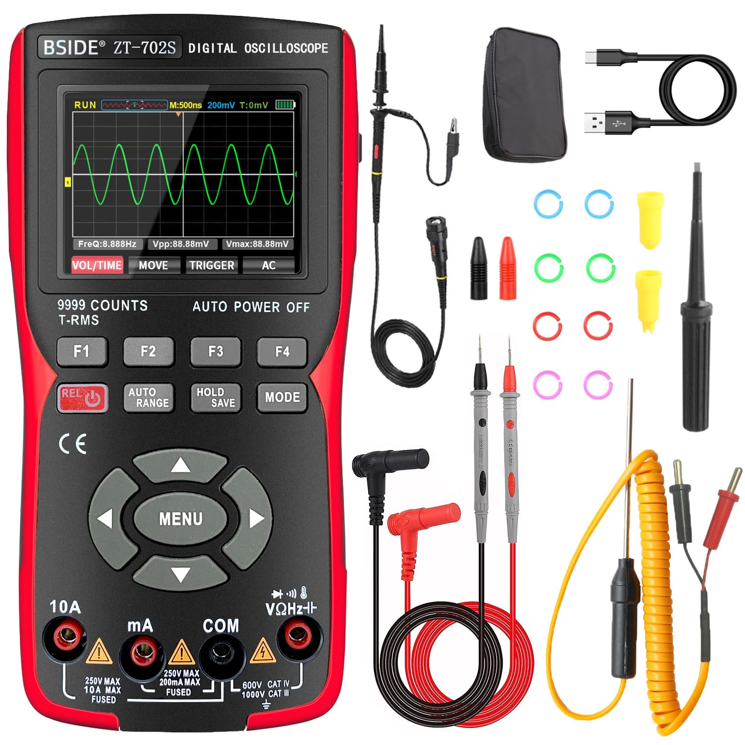 BSIDE Digital multimeter with Oscilloscope 9999 Counts Color Display 10Mhz Handheld Oscilloscope Rechargeable for PC DIY Automotive Voltage Current Capacitance Hz Ohm Diode Continuity Tester