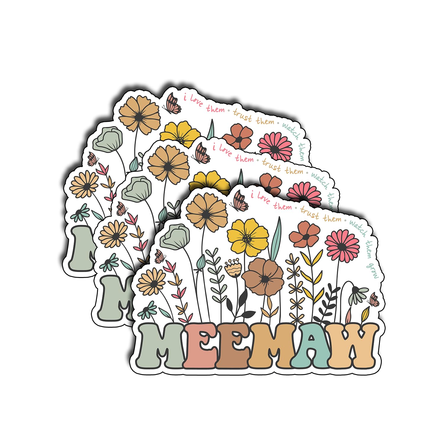 Photo 1 of (3Pcs) Meemaw Love Trust Watch Grow Sticker Mother, Pretty Mom Mama Decal, Celebrate Your Mom Gigi Love, Gifts for Grandma Decoration Book Laptop Phone Waterproof Vinyl Water Bottle Gifts 3x2.4 Inch  PACK DE 2