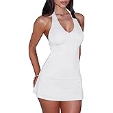 BEAGIMEG Women's Sexy Bodycon A-line Halter Deep V Backless Club Party Mini Dress