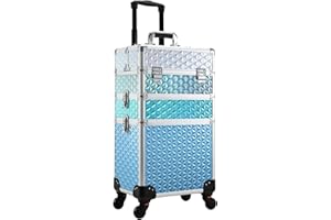 Adazzo Professional Rolling Makeup Train Case 3 in 1 Aluminum Trolley Case with 360° Rotation Wheels for Makuep Artist Cosmetic Suitcase Organizer with Lock and Key Diamond Pattern - Turquoise Cascade
