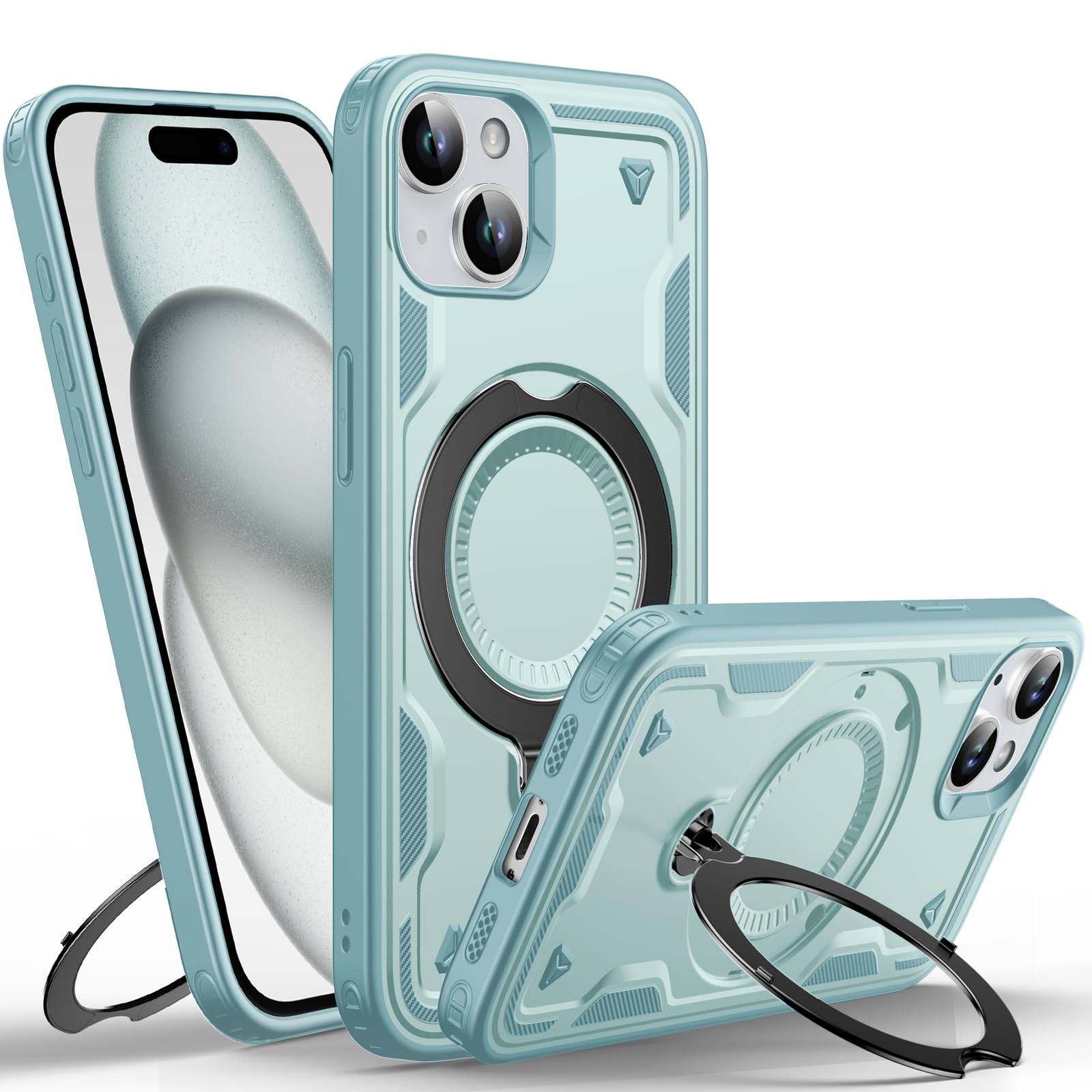 WYUIC Designed for iPhone 15 Magnetic Case, Compatible with Magsafe, 10ft Drop Test Hard Rugged, 360 Rotating Ring Kickstand Heavy Duty Shockproof Protection Phone Case iPhone 15 Cover, Light Blue