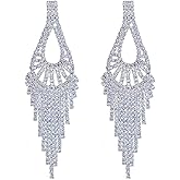 CHRAN Silver Teardrop Crystal Long Tassels Dangle Earrings Sparkling Rhinestone Ladies Gifts