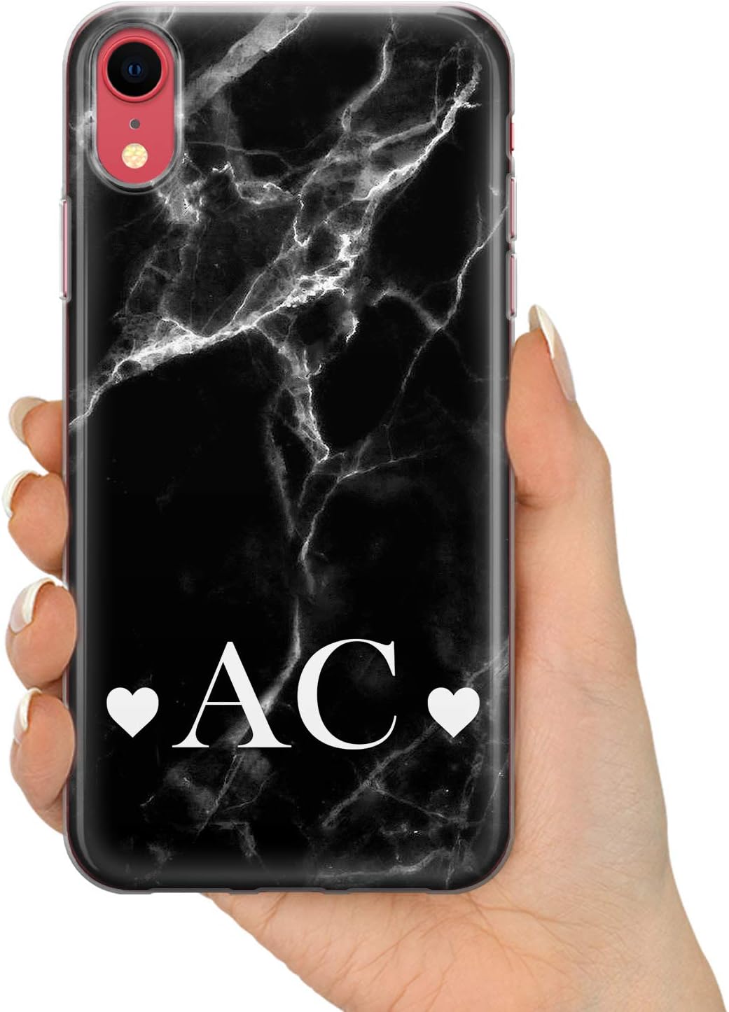 TULLUN Personalised Individual Black Marble White Initials Name Text Custom Flexible Soft Gel Phone Case For iPhone Models - Black Marble Love Heart V2 - for iPhone 11