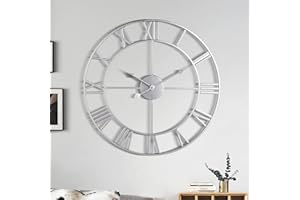 1st owned Large Wall Clock, Metal Retro Roman Numeral Clock, Modern Round Wall Clocks almost Silent, Easy to Read for Living Room/Home/Kitchen/Bedroom/Office/School Decor (Silver, 24 Inch)