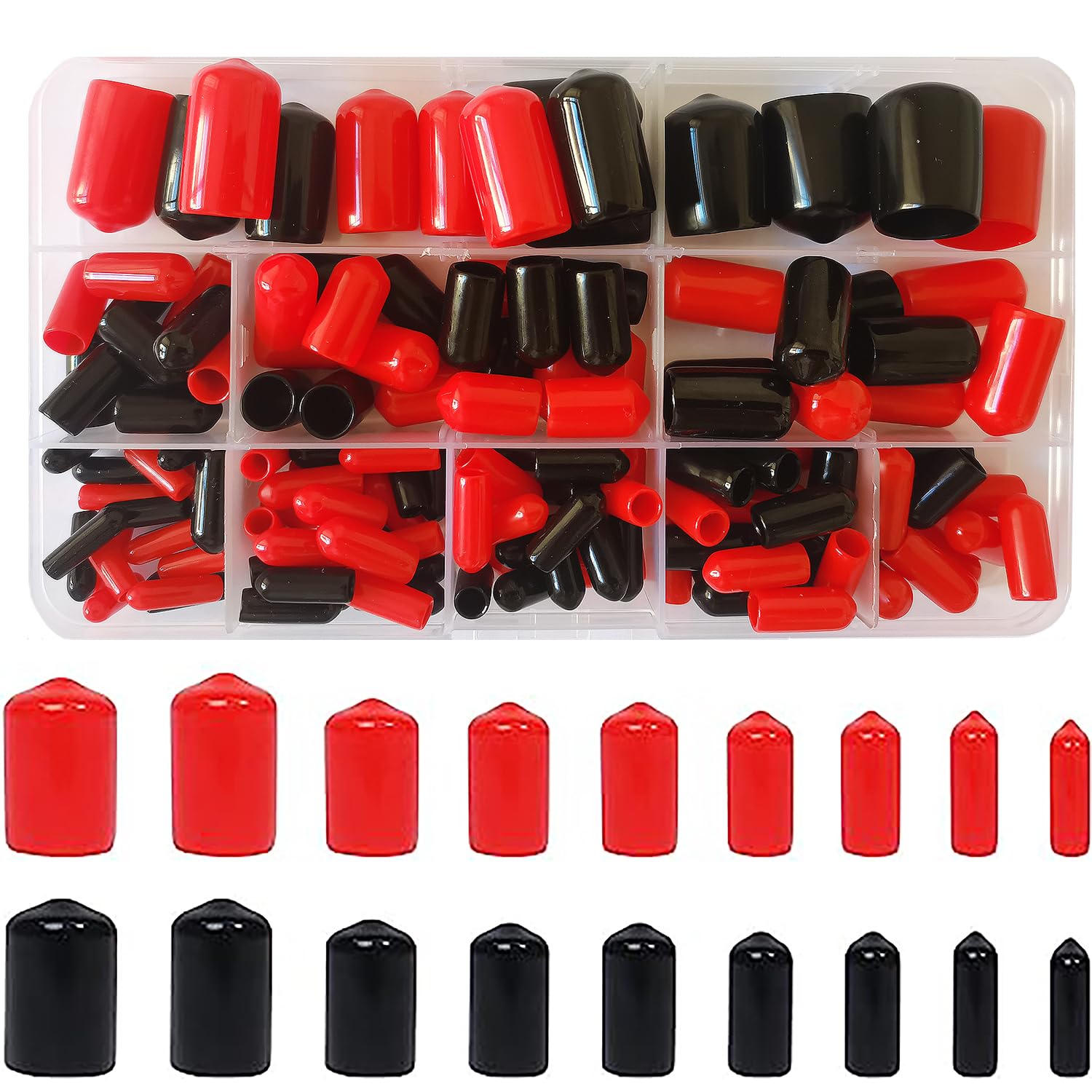 160 Pcs 3-16mm Rubber End Caps (9 Size) Round Flexible Screw End Cap Cover Round Tube Bolt Cap Cover Thread Protectors Assortment Kit (Black/Red)