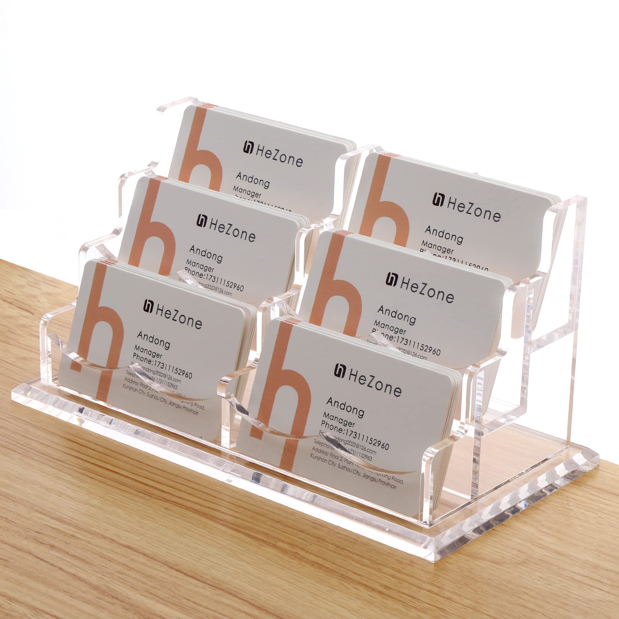 HeZone 1 Pack (6 Compartments) Clear Acrylic Business Card Holder for Desk - Multiple 3 Tier 6 Compartments - Holds 300 Cards