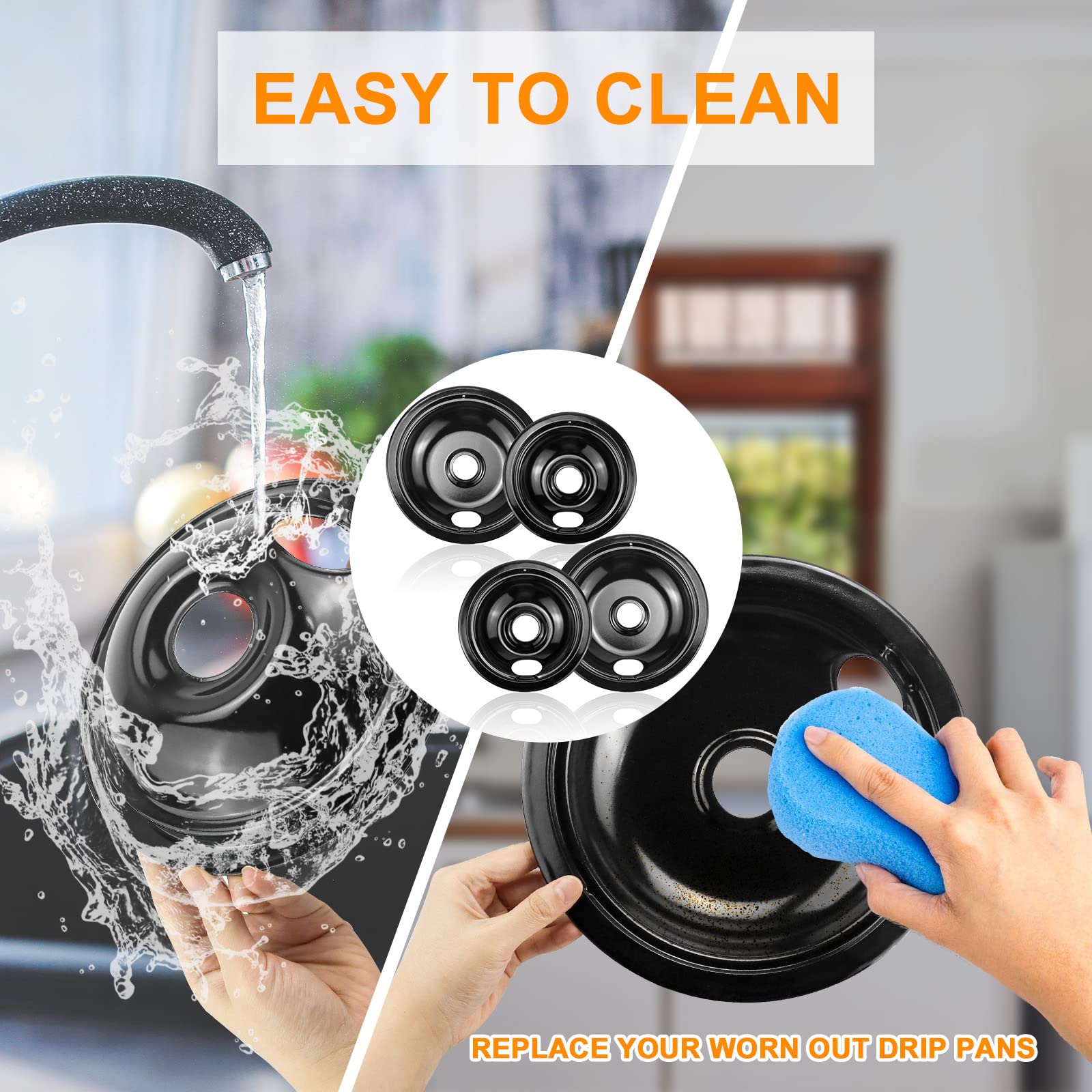 Black Porcelain Drip Pans Set 4-Pack 318067041 & 318067051 Compatible with Frigi-daire Ken-more Range Oven Replaces Electric Range Stove Burner 5304430149,5304430150 by Fetechmate