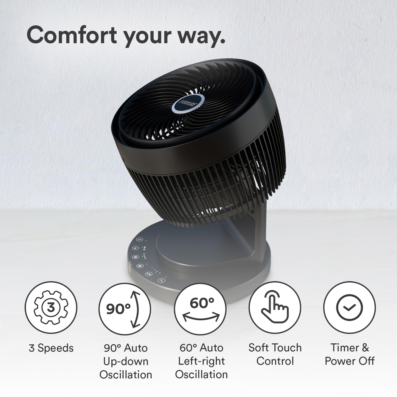 Everdure 9” Oscillating AC Desk or Table Fan, Remote Controlled, 4 Speed Settings, 2 Wind Modes, Targeted Airflow Control, Portable, Perfect for Bedroom, Living Room, Home Office, Black