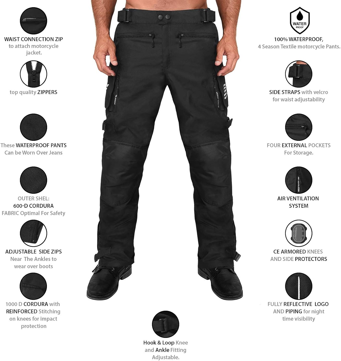 Viking Cycle Saxon Heavy Duty Armored 600D Adjustable Premium Textile Motorcycle Riding Overpants for Men: Clothing