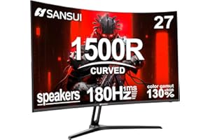 SANSUI 27 Inch Curved Gaming Monitor 180Hz 1ms with Speakers FHD 1080P Computer Monitor FreeSync|1500R|130% sRGB|HDR|Low Blue