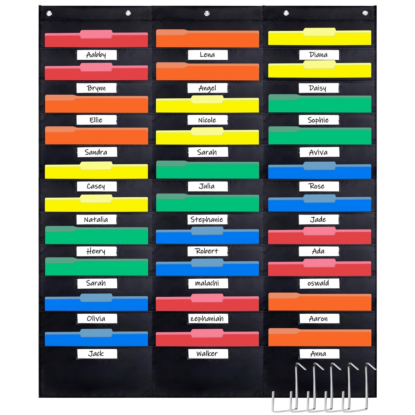 Photo 1 of Opret 30 Pockets Storage Pocket Chart with 30 Nametag Pockets, Hanging Wall File Organizer for File Folders with 5 Hangers for Classroom, Office, School Mailbox Organizer and Home (Black)