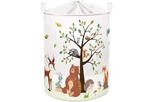 Clastyle 63L Large Woodland Animal Tree Kid Laundry Hamper with Handle for Boy Girl Collapsible Clothes Toy Storage Basket wi
