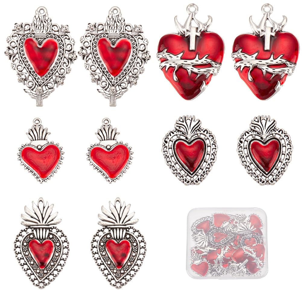 SUNNYCLUE 1 Box 20Pcs Valentines Day Heart Charms Gothic Style Sacred Heart Charms Bulk Antique Silver Red Thistles Thorns Fancy Enamel for jewellery Making Valentine's Day DIY Crafts Supplies