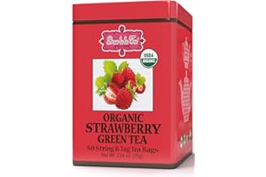 BREW LA LA TEA Brew La La Organic Green Tea - Natural Strawberry Flavor - 50 Tea Bag Tin - Low Caffeine Gourmet Tea - USDA Certified Organic