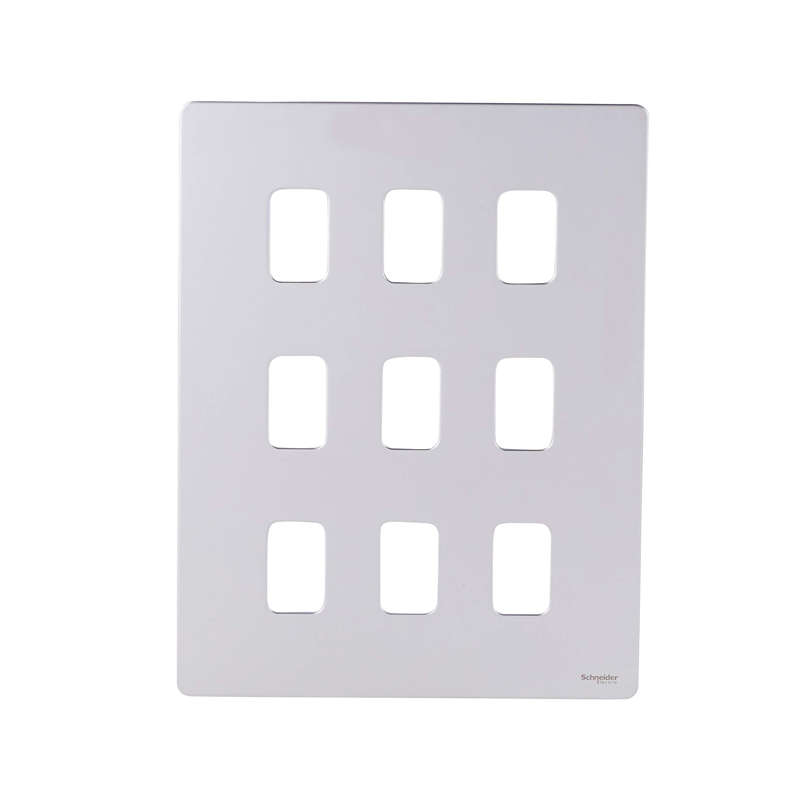 Schneider Electric Ultimate Screwless Flat Plate - 9 Gang Grid Faceplate, with Mounting Frame, GUGS09GMS, Polished Chrome