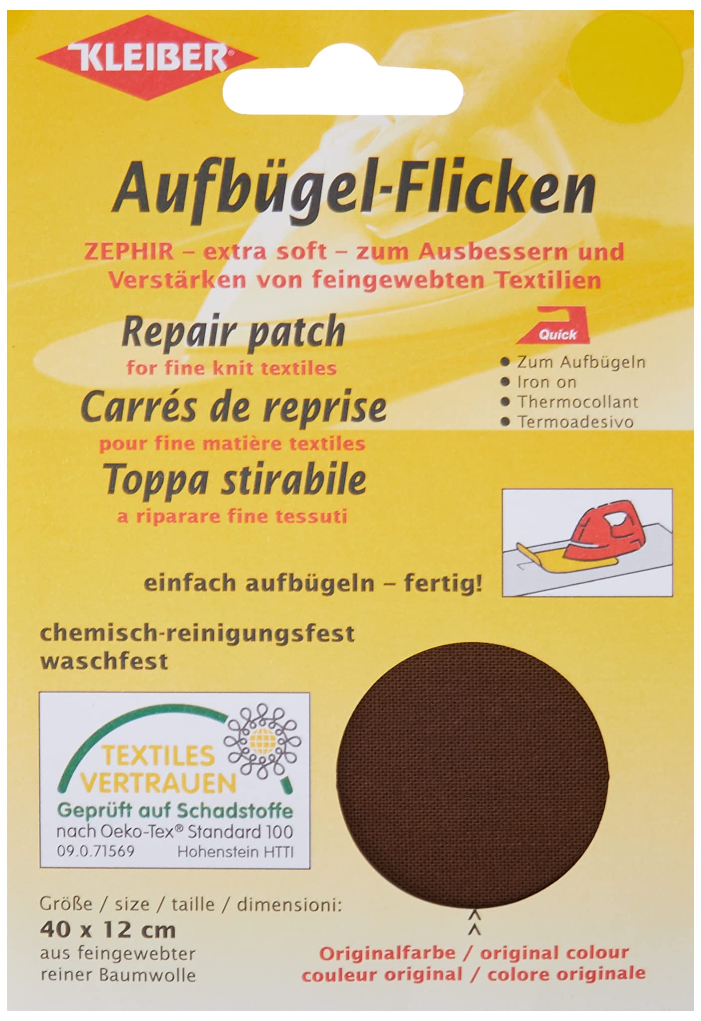 Kleiber Cotton Iron-On Repair Patch for Fine Knit Textiles, Dark Brown – 40 x 12 cm Soft Mending Fabric