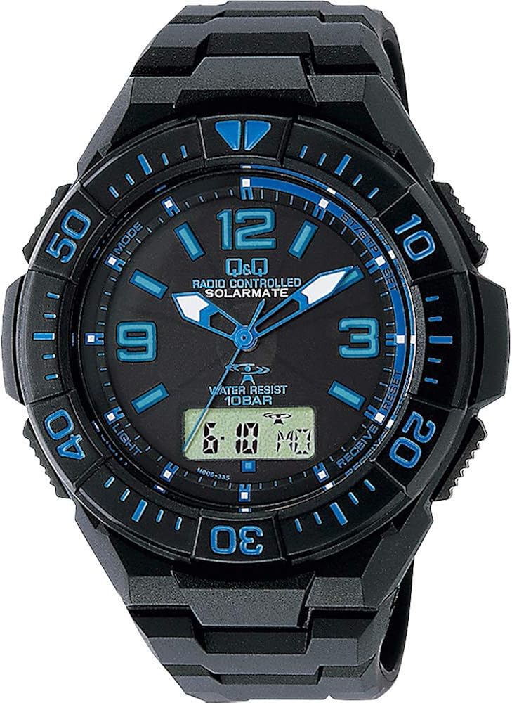 [シチズン Q&Q] 腕時計 アナログ 電波 ソーラー 防水 日付 ウレタンベルト MD06-335 メンズ ブラック × ブルー