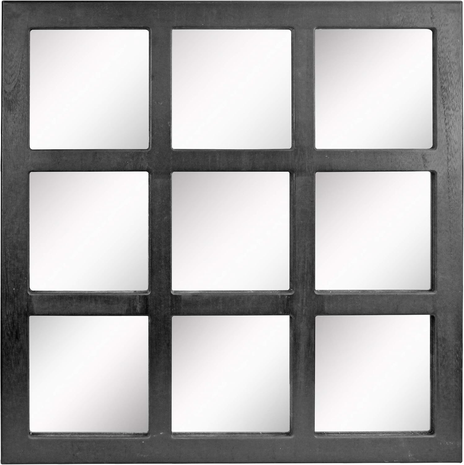 Stonebriar Square Rustic 9 Panel Window Pane Wall Mirror with Black Painted Wood Finish and Attached Mounting Brackets, 23.5" x 23.5"