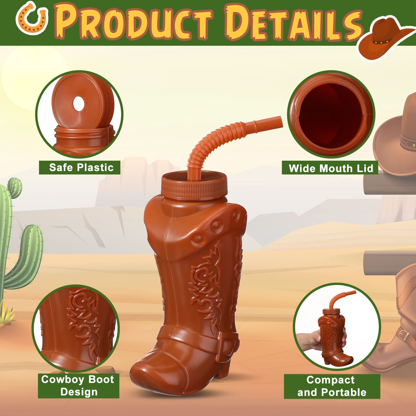 Hoolerry 12 Pcs 10 oz Plastic Cowboy Boot Cups with Straws and Lids Plastic Cowboy Cups for Western Themed Party Supplies and Rodeo Party Decorations (Brown)