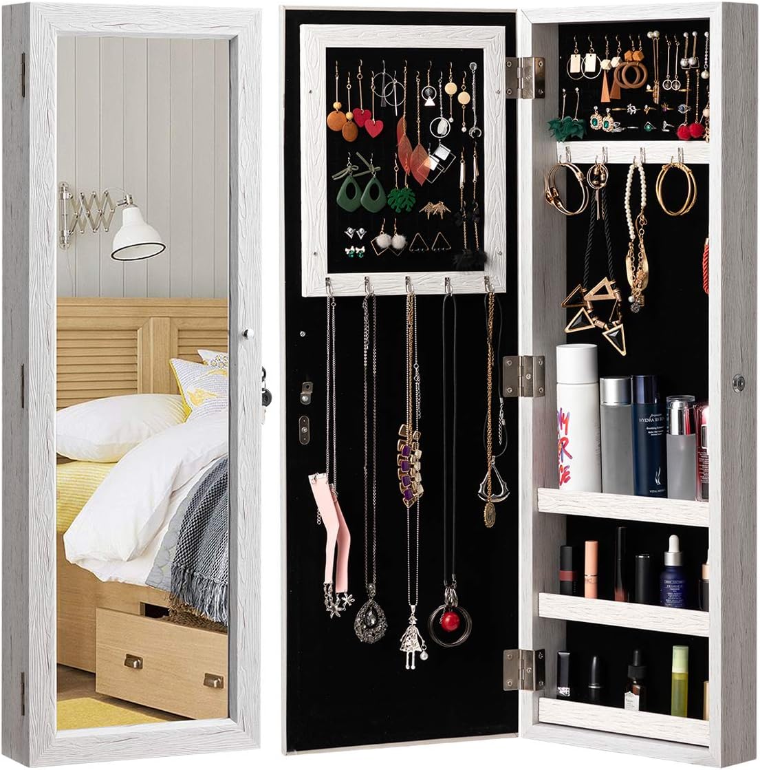 HollyHOME Mirrored Jewelry Cabinet Lockable Wall Door Mounted Jewelry Armoire Organizer with Full Length Mirror Space Saving Lockable,White
