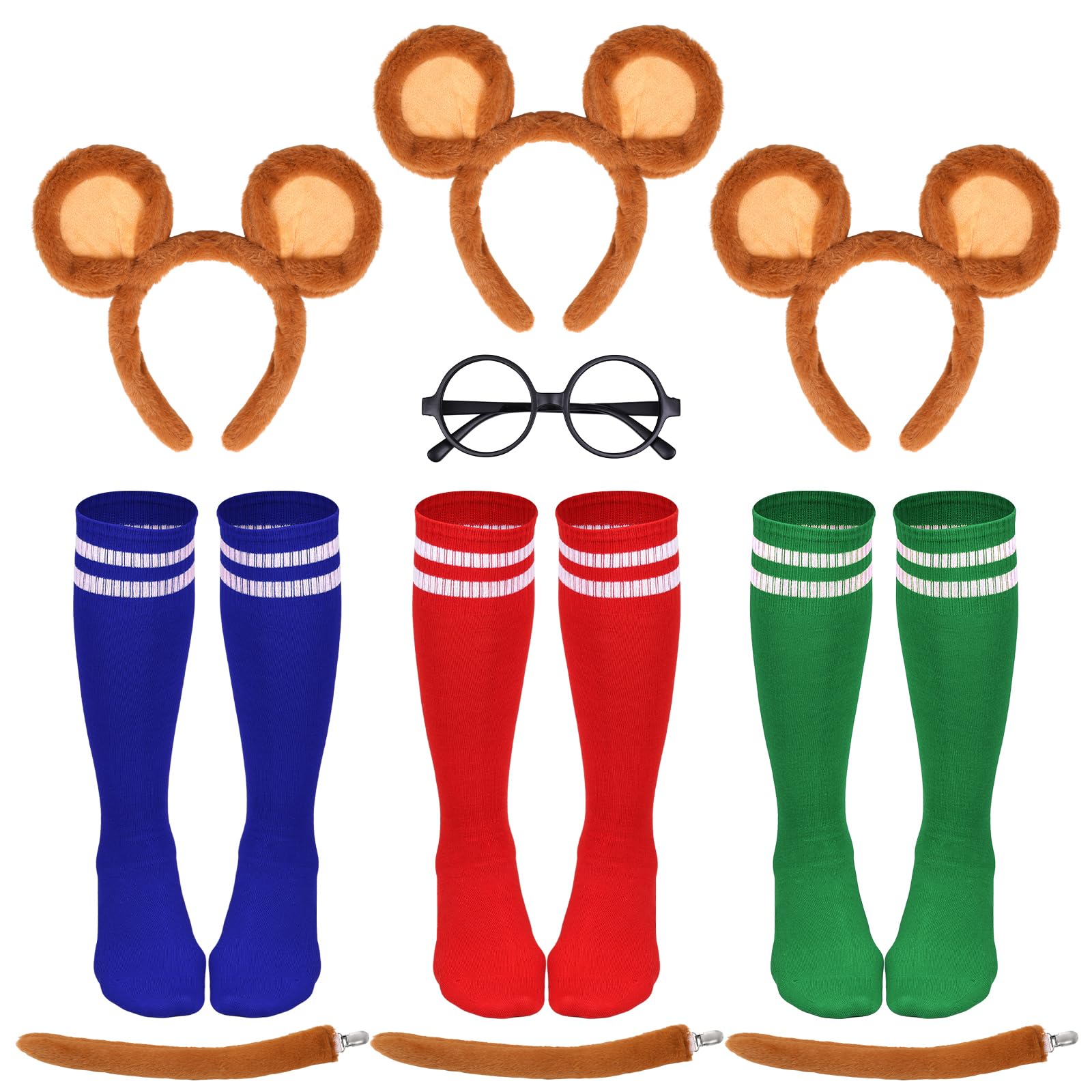 Photo 1 of 10PCS Chipmunk Costumes Set, Chipmunk Mouse Ears Headbands Tails Round Frame Glasses Knee High Socks for Halloween Party