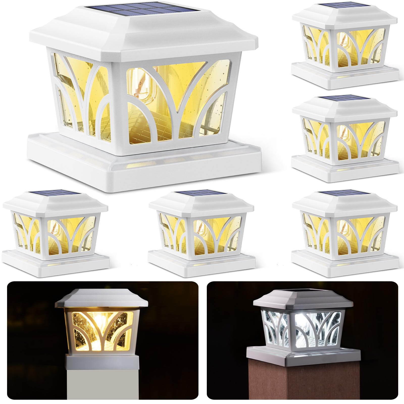 SIEDiNLAR Solar Post Cap Lights Outdoor, Aluminum Glass 2 Modes Edison LED Bulbs for 4x4 5x5 6x6 Vinyl Wooden Posts Deck Fence Patio Decor, Warm White/Cool White Lighting 6 Pack (White) Image