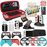 Switch OLED Accessories - Family Bundle Accessories for Nintendo Switch OLED, Carry Case& Screen Protector,4 Pack Joy Con Grips and Steering Wheels, Case Cover,Stand Mount,Joy Con Charger and More