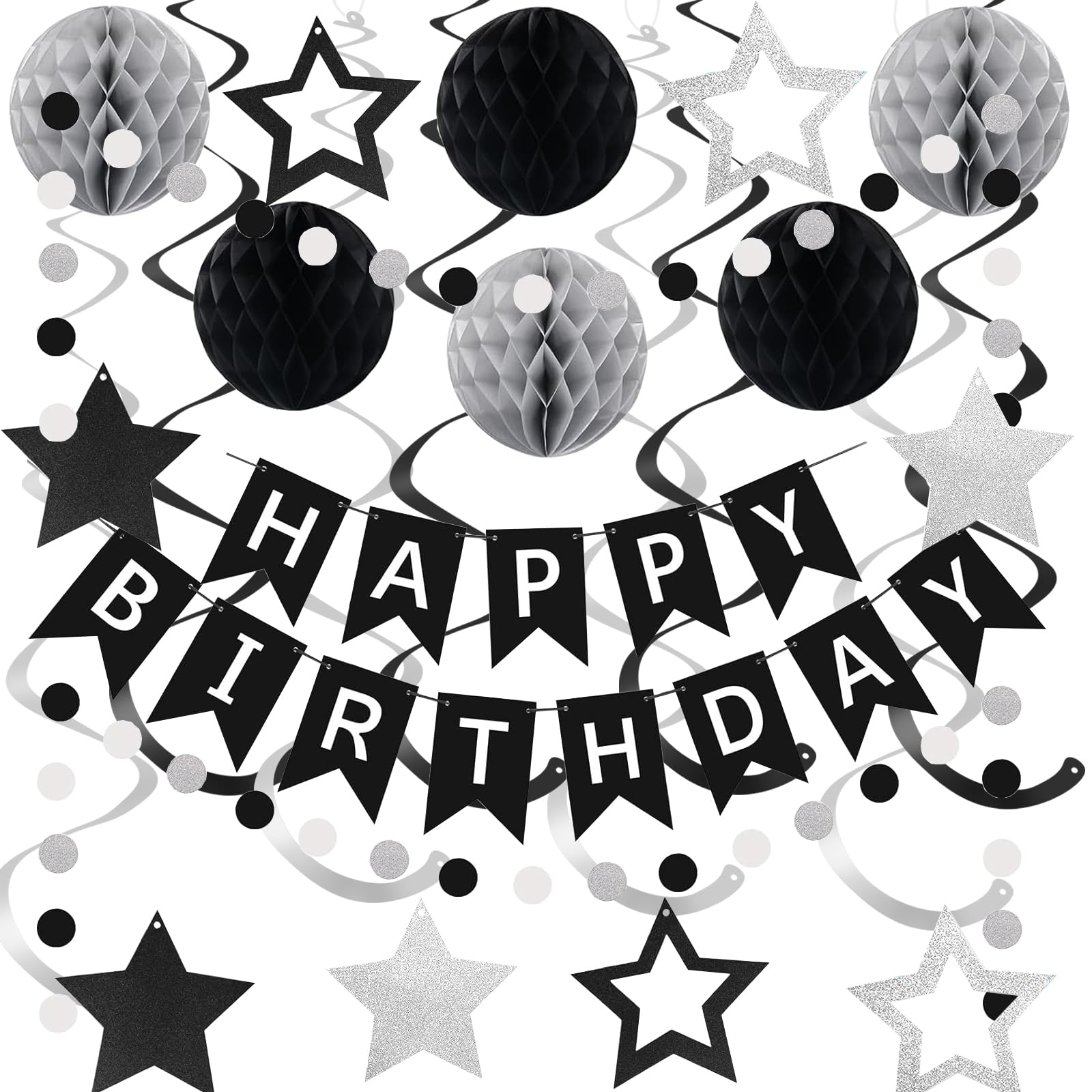 Black and Silver Birthday Decorations, Happy Birthday Banner with Black and Silver Star Hanging Swirl Streamers Honeycomb Balls Paper Circle Garland For Party Supplies