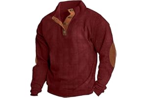 WOLWES Mens Corduroy Shirt Lapel Collar Button Up Pullover Mock Neck Long Sleeve Sweaters Polo Sweatshirts with Elbow Patches