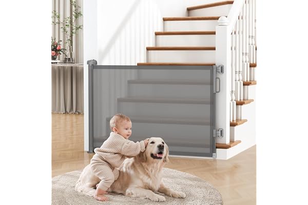Cideny Retractable Baby Gate for Stairs & Doorways, Dog Gate Indoor Outdoor | Extends to 55" Wide 34" Tall Mesh Child Gate for Hallways, Deck, Porch, Pet Toddler Safety Essentials, Easy Install, Grey