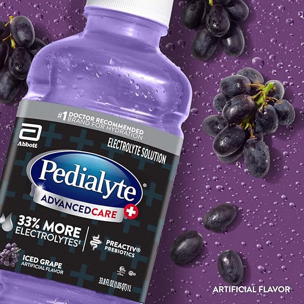 PEDIALYTE ADVANCEDCARE PLUS ELECTROLYTE HYDRATION DRINK, HAS 33% MORE ELECTROLYTES AND HAS PREACTIV PREBIOTICS, ICED GRAPE, 1 LITER