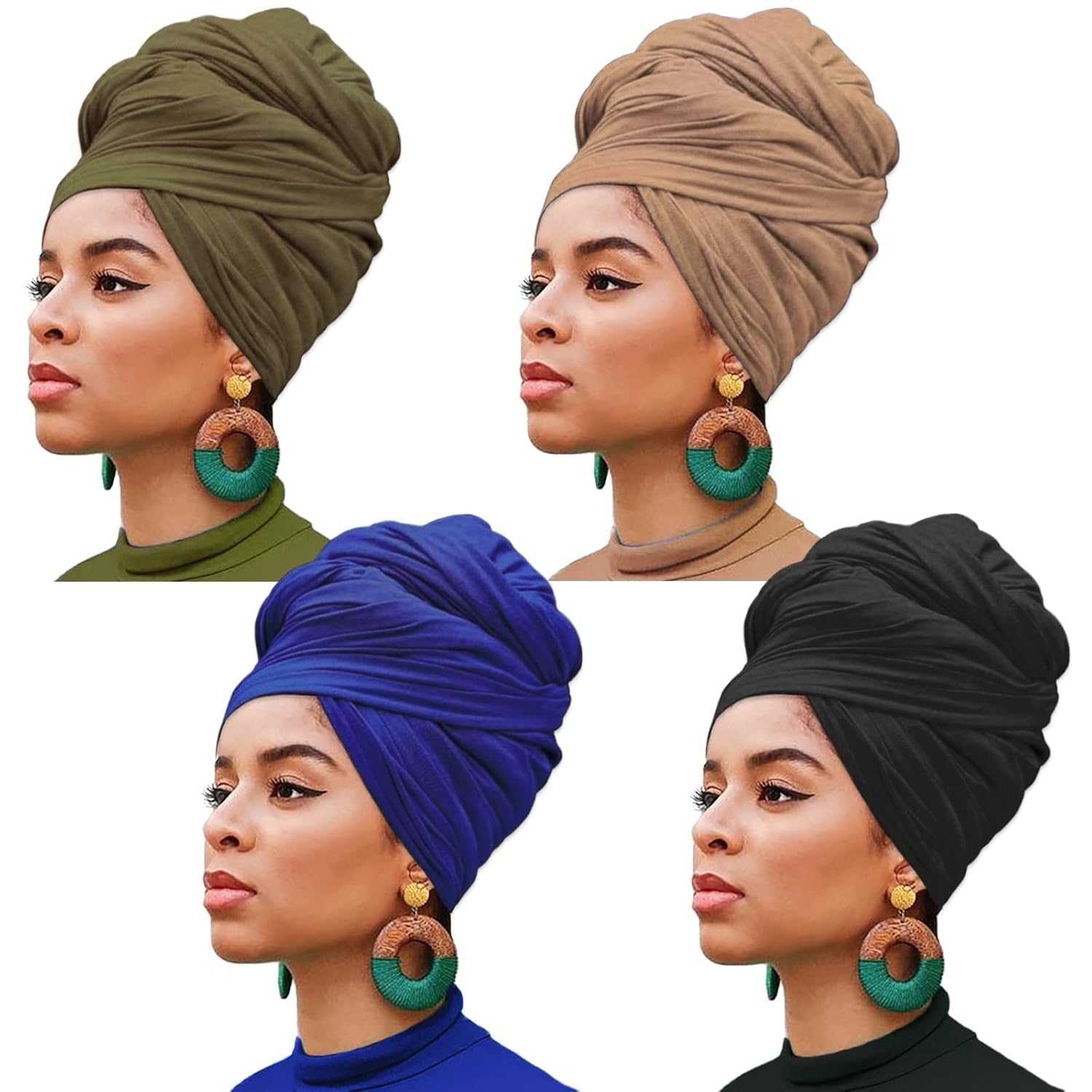 XTREND 4 Pieces Stretch Head Wrap Hair Scarf Headband Jersey Turban Knit Headwraps Urban Hair Wrap Solid Color Ultra Soft Extra Long Breathable Tie for Women(Camel,Royal Blue,Black,Army Green) — image 1
