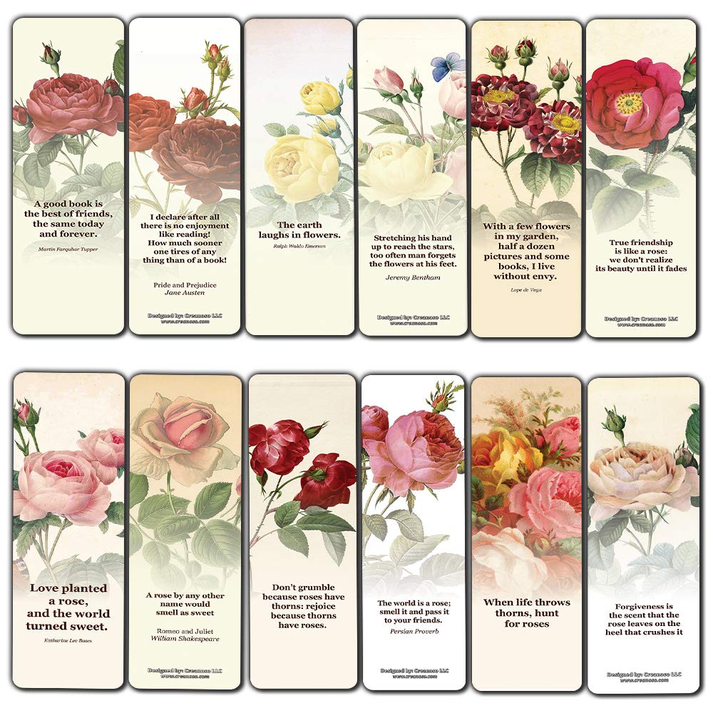 Creanoso Vintage Rose Flowers Bookmarker Cards (30-Pack) – Stocking Stuffers Gift for Men & Women, Adults – Awesome Bookmark Collection – Business Gifts – Employee Rewards Incentives