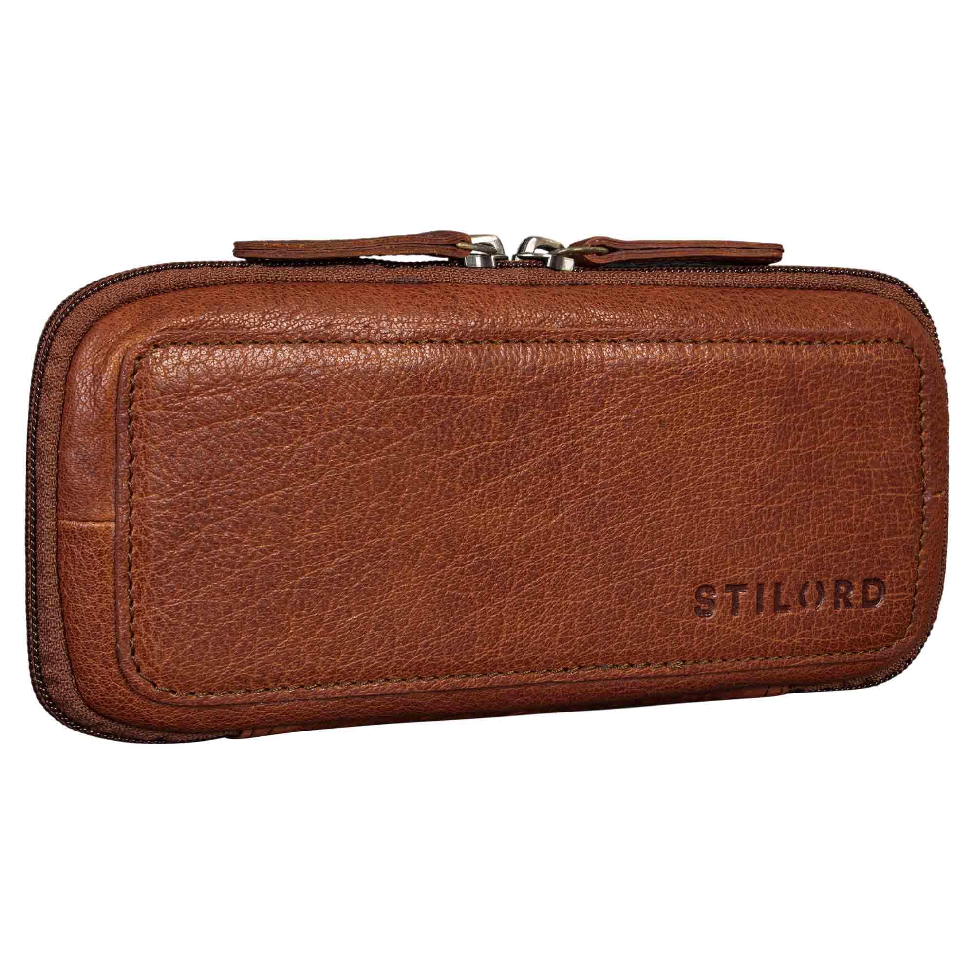 STILORD 'Scotty' Leather Case Vintage with Zip Hardcase Pencil Holder Men's Genuine Leather Slim Pencil Box Cosmetic Pouch Ladies Pen Folder Small, Colour:maraska - Brown