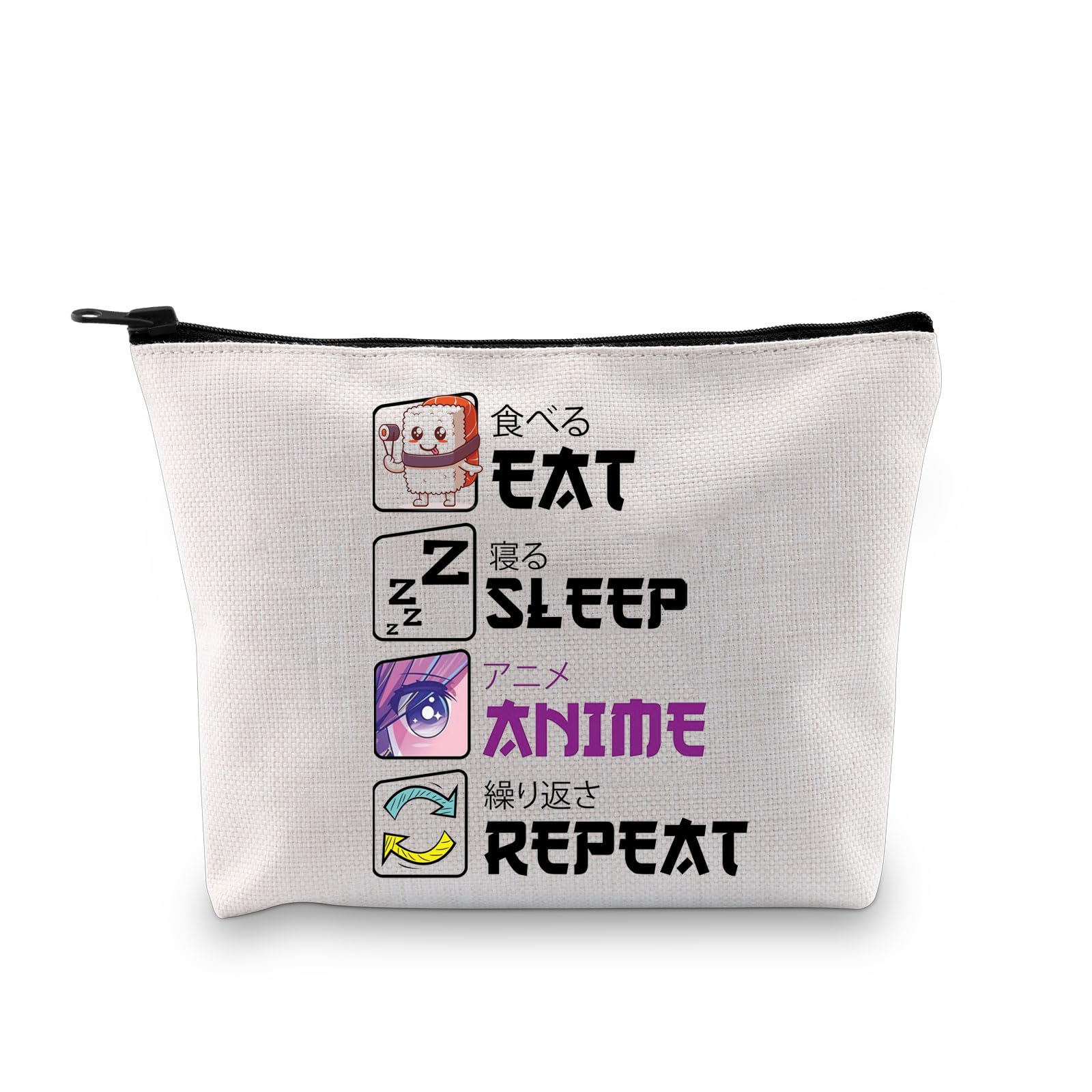 PLITI Eat Sleep Anime Repeat Cute Kawaii Manga Makeup Bag Anime Lover Cosmetic Bags Japanese Animation Lover Gift (Eat Sleep Anime bagU)