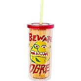 Silver Buffalo Shrek Beware Ogre Plastic Tall Cold Cup with Lid and Straw, 20 Ounces