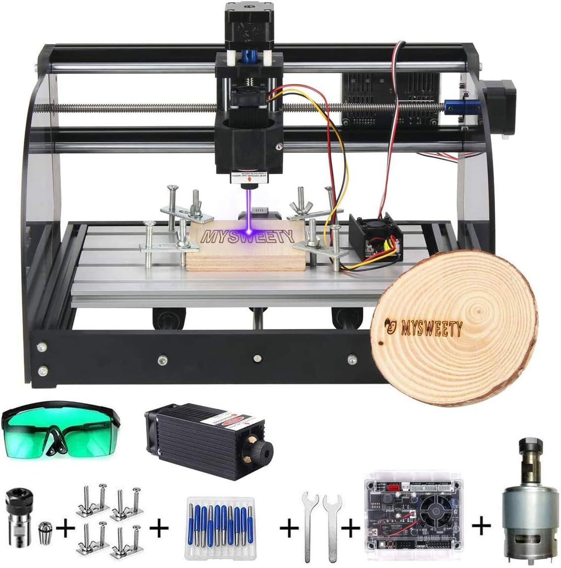 MYSWEETY DIY CNC 3018PRO-M 3 Axis CNC Router Kit with 3000mW 3W Module + PCB Milling, Wood Carving Engraving Machine with Offline Control Board + ER11 and 5mm Extension Rod