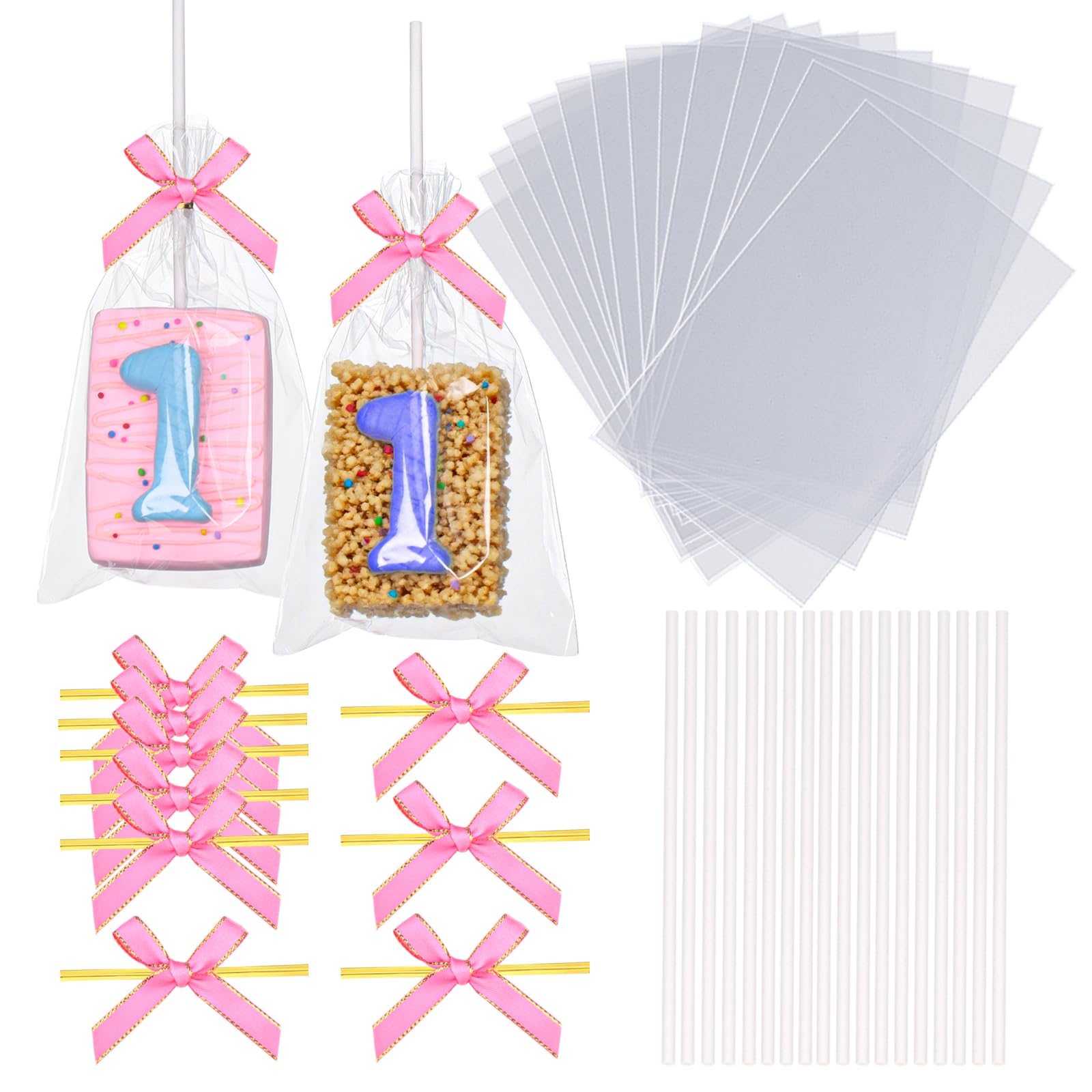 Photo 1 of 50pcs 4x6Inches Clear Rice Krispie Treat Bags with Sticks and Ties Bows Rice Kit Cakesicle Bags Individually Wrapped Packaging for Marshmallow Mcaron Pop Candy Apple Cookies Cake Ore Pop