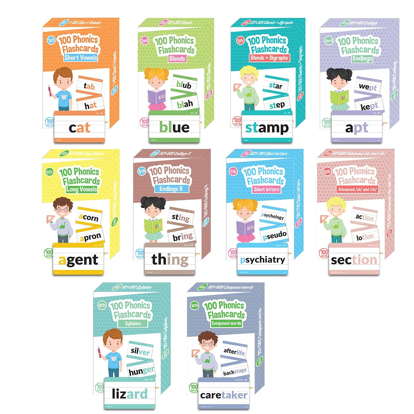 Photo 1 of 1000 Phonics Flash Cards 10-Pack - Short CVC, Long Vowel, Blends, Digraph, Word Ending, Silent Letter, Compound, Syllables Phonetic Flashcards - Preschool, PreK, Kindergarten, Grade 1 Reading